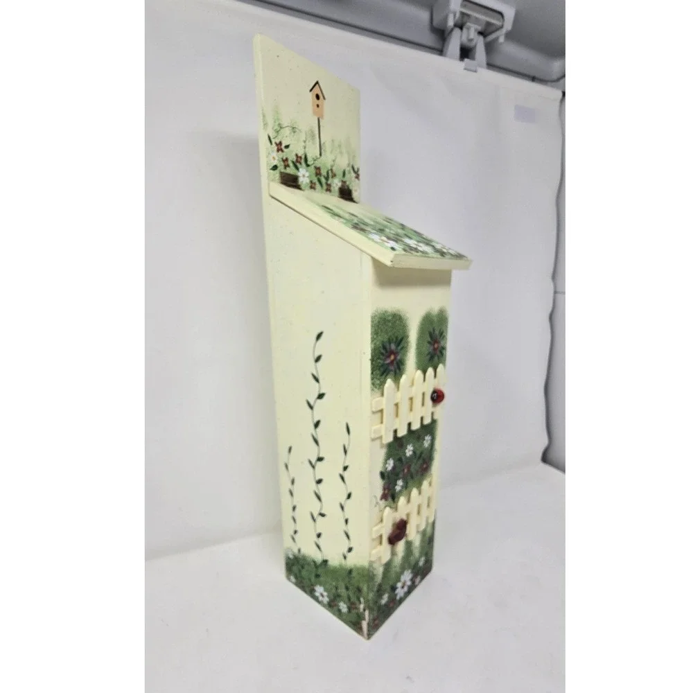 Vtg hand painted wooden grocery bag holder picket fence floral‎ cottagecore